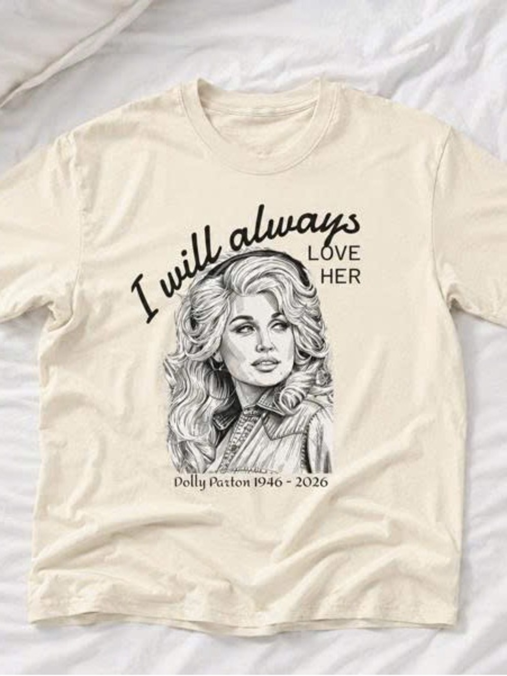 Dolly Parton Cream Short Sleeve Tee with Black Dolly Portrait Graphic